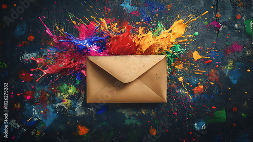 A brown envelope bursts with colorful paint splatters on a dark background.