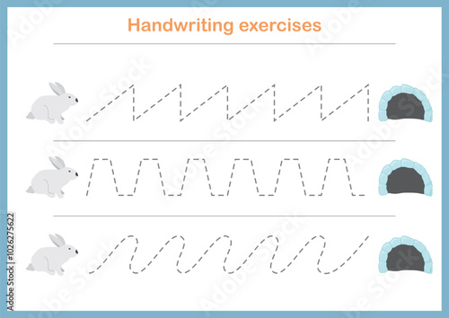 Basic writing exercises. Trace line worksheets for children. Preschool handwriting practice. Vector illustration. A4 - ready to print format