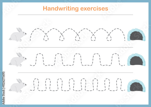 Basic writing exercises. Trace line worksheets for children. Preschool handwriting practice. Vector illustration. A4 - ready to print format