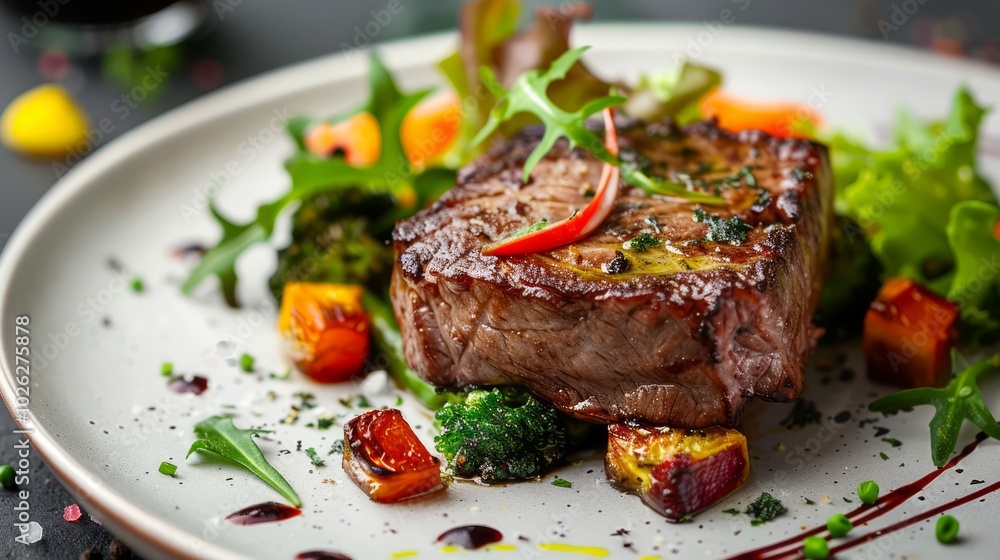 Modern Cultured Meat Dish with Vibrant Vegetables Modern Cultured Meat Dish with Vibrant Vegetables