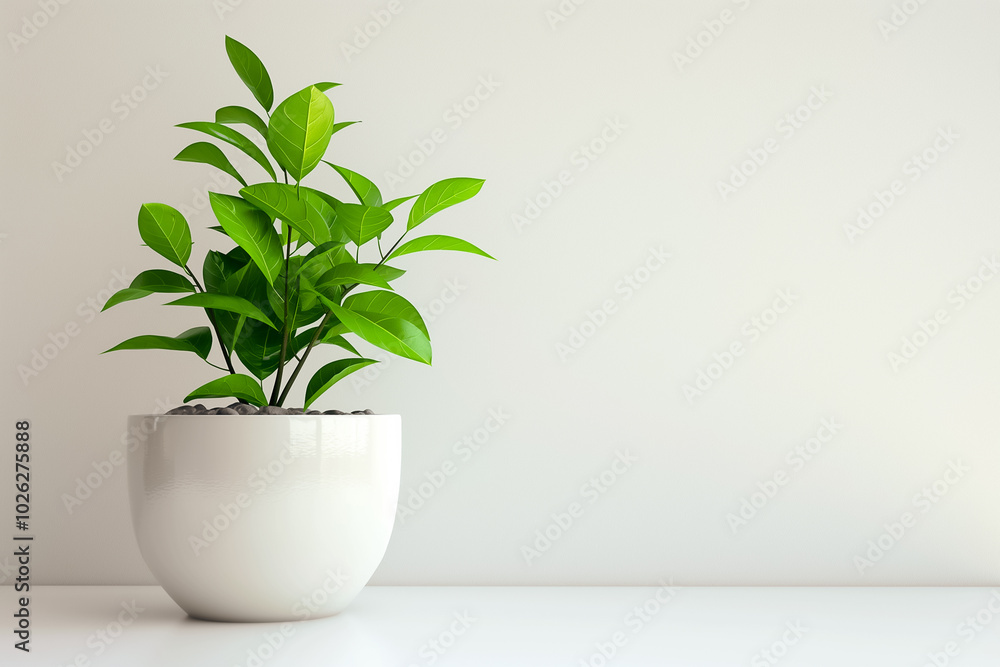 A lush green plant stands tall in a minimalistic white pot, bringing a touch of freshness indoors. Its vibrant leaves contrast beautifully with the clean backdrop, evoking tranquility A lush green plant stands tall in a minimalistic white pot, bringing a touch of freshness indoors. Its vibrant leaves contrast beautifully with the clean backdrop, evoking tranquility