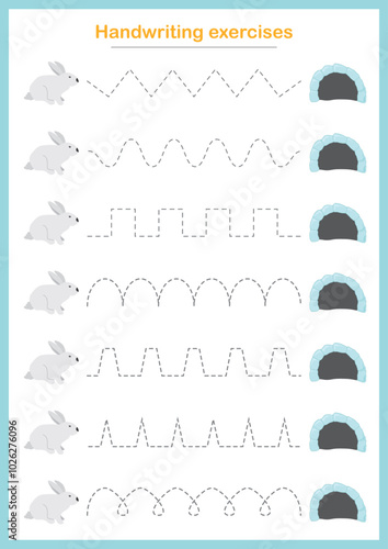 Basic writing exercises. Trace line worksheets for children. Preschool handwriting practice. Vector illustration. A4 - ready to print format