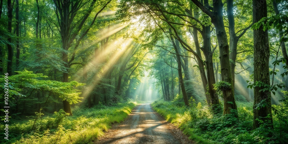 Serene forest pathway with light beams shining through trees and lush green leaves, inspiring nature walk Serene forest pathway with light beams shining through trees and lush green leaves, inspiring nature walk