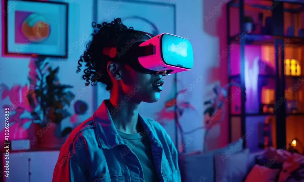 Home VR Experience - Person using VR goggles in the living room, surrounded by modern furnishings, emotions of surprise and joy Home VR Experience - Person using VR goggles in the living room, surrounded by modern furnishings, emotions of surprise and joy