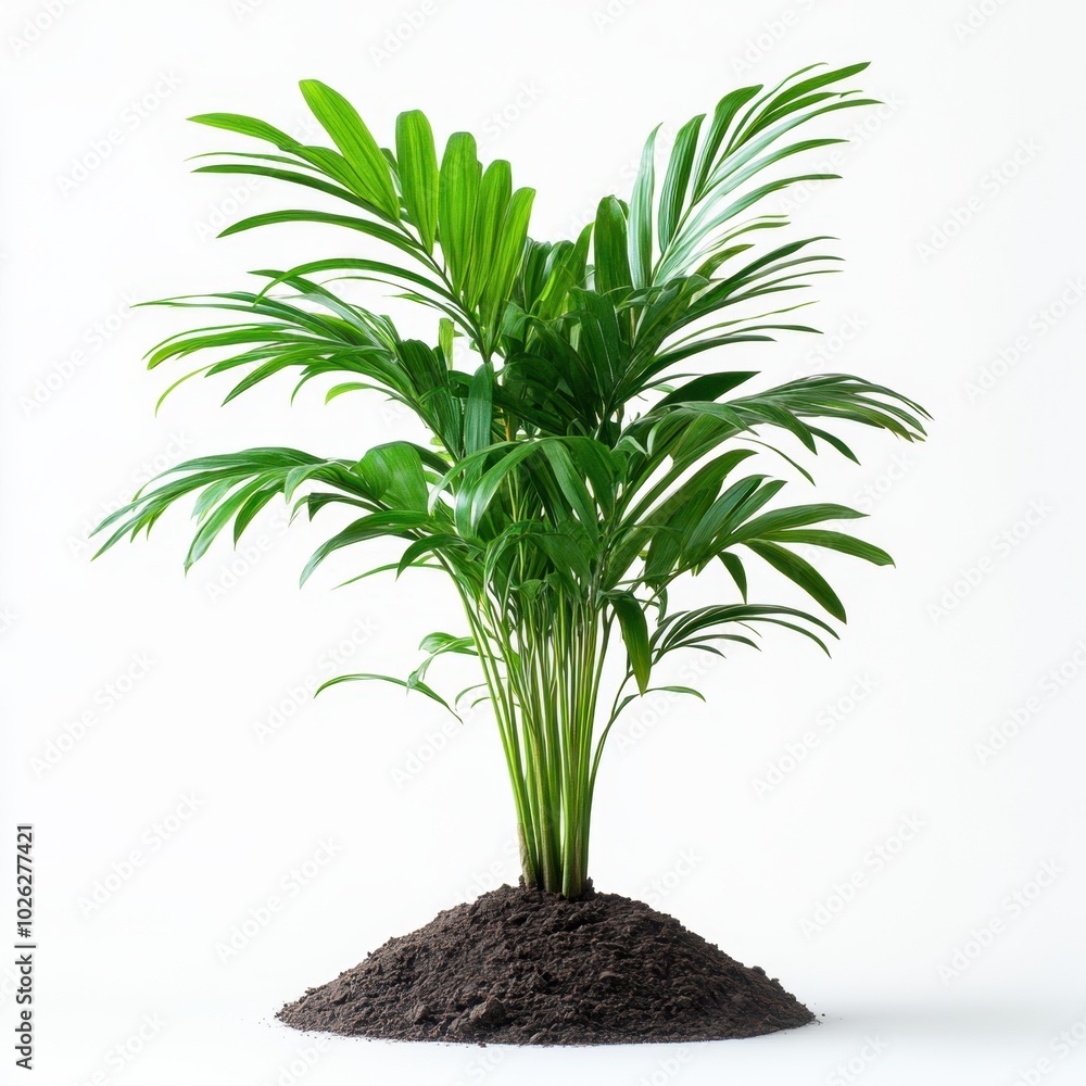 A small palm sapling with delicate fronds and thin trunk, isolated on white background A small palm sapling with delicate fronds and thin trunk, isolated on white background
