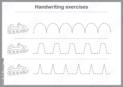 Basic writing exercises. Trace line worksheets for children. Preschool handwriting practice. Vector illustration. A4 - ready to print format