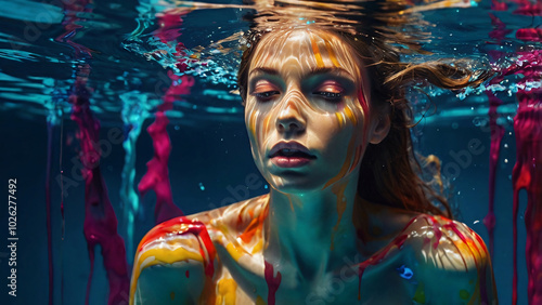 Beautiful woman with colorful paint on face and body. Creative woman with dynamic paint splashes on face. Abstract splash of color. Vibrant advertising portrait paint splash water girl
 photo