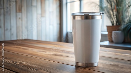 Mockup of tumbler with lid on table, asymmetrical