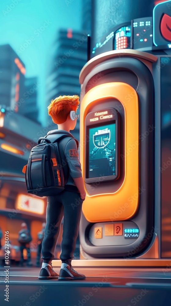 Young Caucasian male in futuristic city, pondering. Young Caucasian male in futuristic city, pondering.
