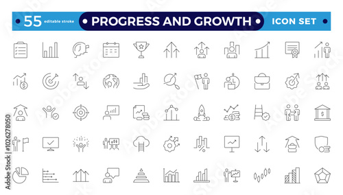 Progress and Growth icon set. Containing performance, gain, improvement, grow, chart, increase, evolution and development icons. Editable stroke outline icon.
