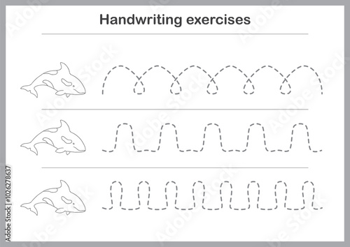 Basic writing exercises. Trace line worksheets for children. Preschool handwriting practice. Vector illustration. A4 - ready to print format