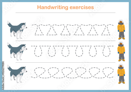 Basic writing exercises. Trace line worksheets for children. Preschool handwriting practice. Vector illustration. A4 - ready to print format