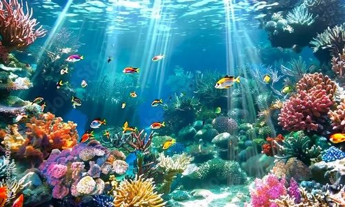 A surreal underwater scene filled with colorful marine life, ideal for an imaginative flyer background that captures the beauty and wonder of the ocean photo