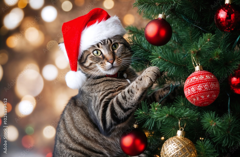 Cat playing with the christmas tree and gifts, funny cat in red santa hat Cat playing with the christmas tree and gifts, funny cat in red santa hat