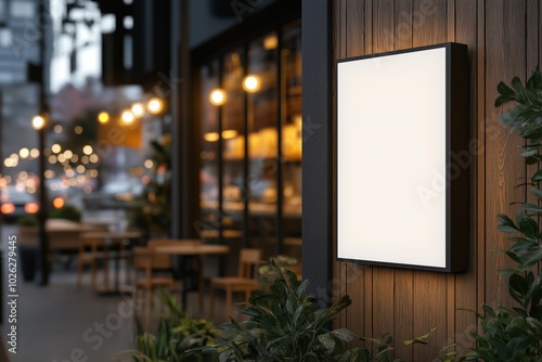 Street scene with empty outdoor cafe tables, illuminated blank billboard, and bokeh city lights at twilight