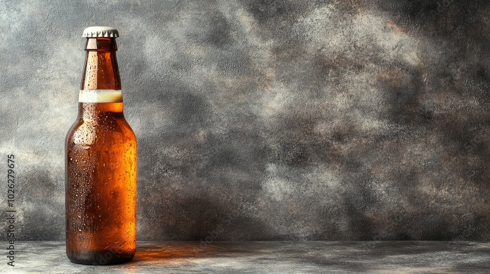 A single amber beer bottle stands tall on a minimalist gray backdrop, its condensation showcasing its refreshing coolness, ready to be enjoyed. A single amber beer bottle stands tall on a minimalist gray backdrop, its condensation showcasing its refreshing coolness, ready to be enjoyed.