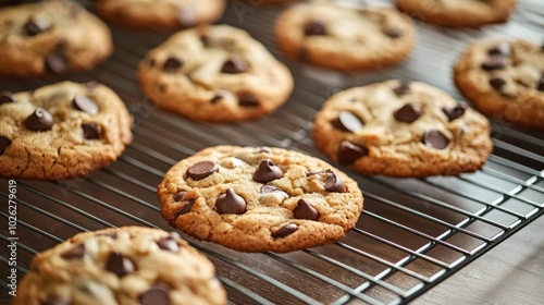 Conceptual image of freshly baked chocolate chip cookies cooling on a wire rack, showcasing the warmth and comfort of homemade treats