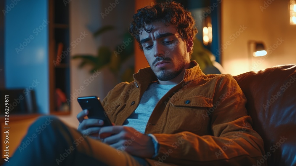 Portrait of Tired Alone Senior Man Using Smartphone Sitting on Sofa with Sad Expression in Dimly Lit Room Portrait of Tired Alone Senior Man Using Smartphone Sitting on Sofa with Sad Expression in Dimly Lit Room