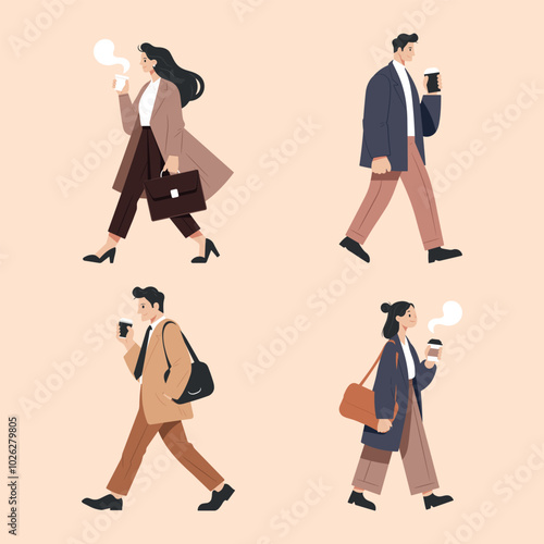 Business people go to work side view. Busy men and women walking, carrying briefcase. Worker holds hot coffee paper cup. An employee in a formal office outfit. Flat isolated vector illustrations set.