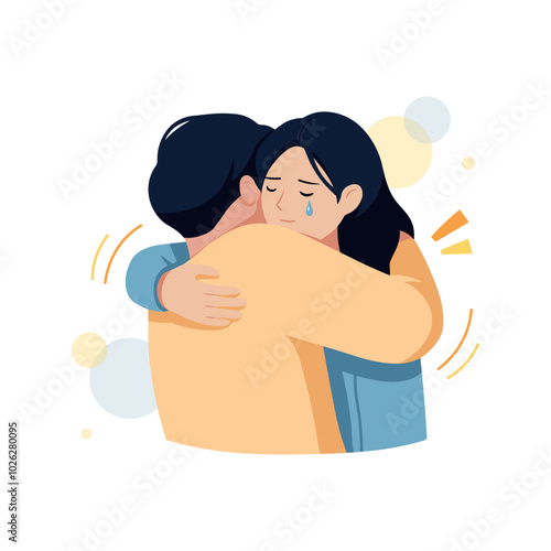 Hugging sad friends supporting each other concept illustration. Tears and crying. A guy and a girl are hugging. Healthcare and psychological help. Cartoon style. Vector isolated on white background.