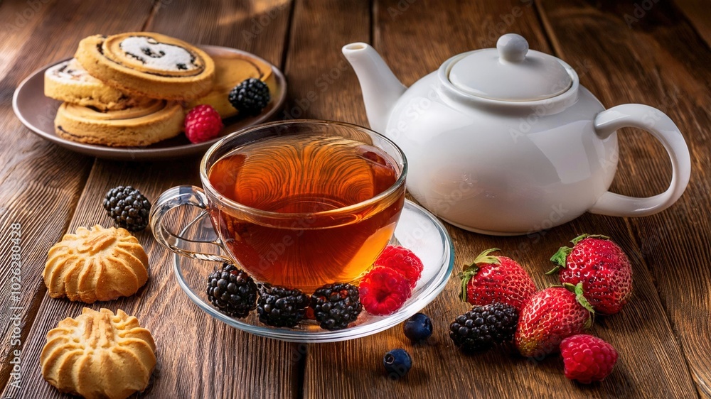 A cup of tea with creamy biscuits, cakes, and fresh berries on an old wooden table. A cup of tea with creamy biscuits, cakes, and fresh berries on an old wooden table.