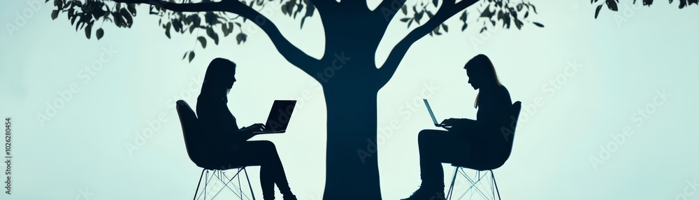 Silhouette of two people working on laptops under a tree. Silhouette of two people working on laptops under a tree.