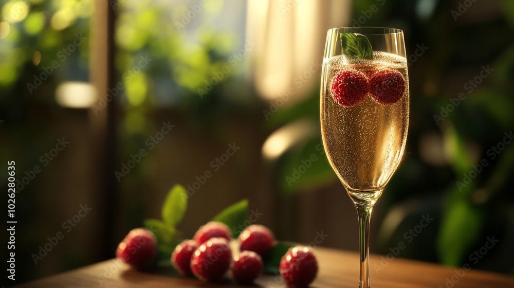 Glass of Champagne with Pomegranate Seeds and Bubbles in Festive Setting Glass of Champagne with Pomegranate Seeds and Bubbles in Festive Setting
