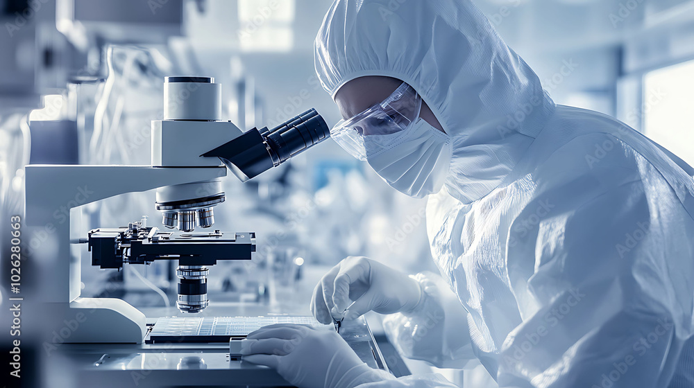 A scientist in a cleanroom suit examines a sample under a microscope. A scientist in a cleanroom suit examines a sample under a microscope.