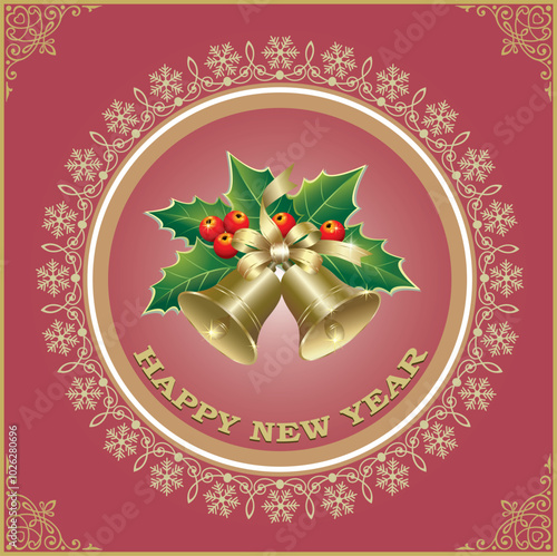 Happy New Year, greeting card, background, icon for winter holidays. Golden bells with rowan berries in circle of snowflakes. Vector illustration