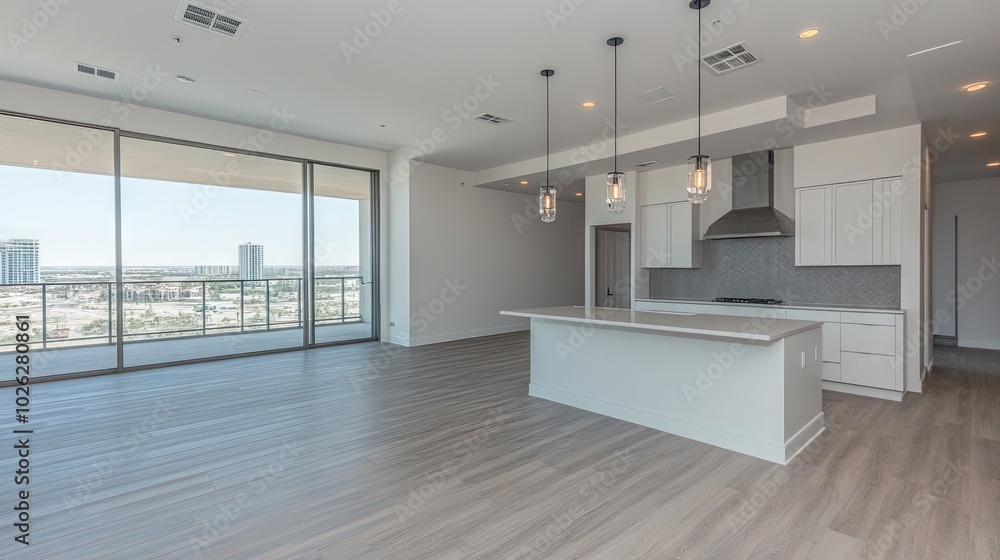 Fototapeta premium A spacious room with large glass windows and polished hardwood floors, showcasing sleek architectural lines and open space.