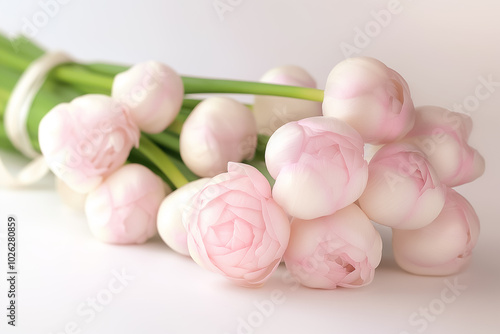 A charming arrangement of gentle pink tulips rests elegantly against a pristine white backdrop, showcasing their beauty and versatility for various artistic purposes