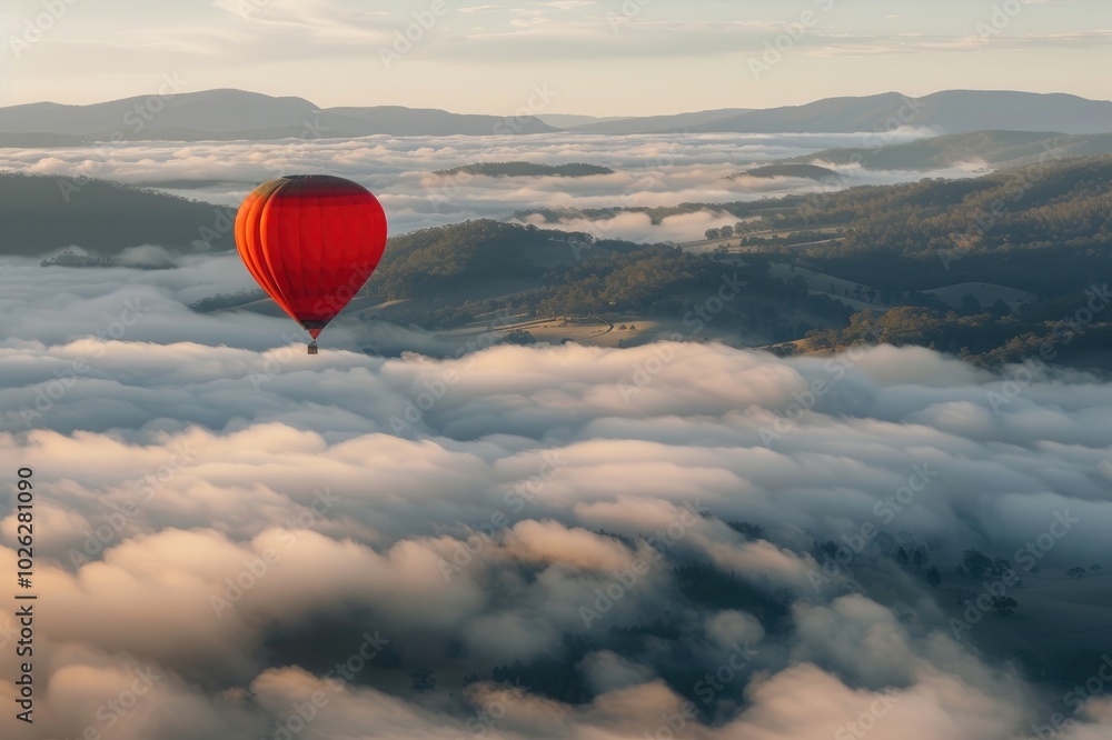 Red hot-air balloon flying over the hills and mountains above the clouds, awesome landscape view, Melbourne, Australia, Yarra Valley. Red hot-air balloon flying over the hills and mountains above the clouds, awesome landscape view, Melbourne, Australia, Yarra Valley.