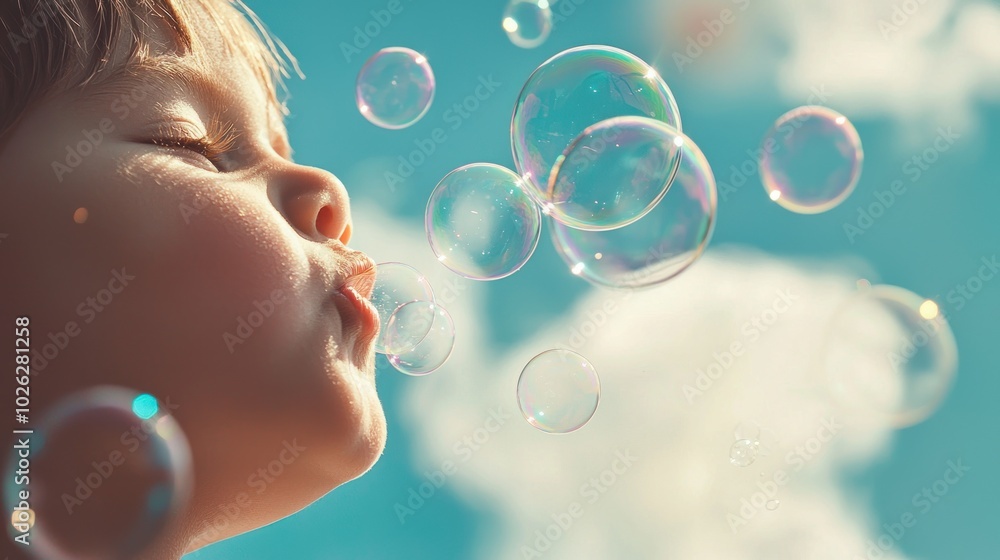 Conceptual image of a child blowing bubbles that float like small clouds in the air, creating a playful and dreamy atmosphere Conceptual image of a child blowing bubbles that float like small clouds in the air, creating a playful and dreamy atmosphere