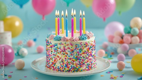 Conceptual image of a birthday cake surrounded by colorful candles, capturing the joy and celebration of a special day