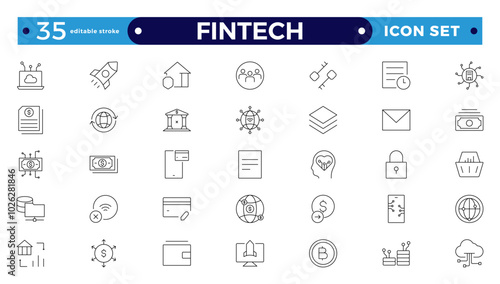 Fintech outline icon set. Containing digital banking, cryptocurrency, mobile payment, regtech, blockchain, robo-advisors, financial services and more. Editable stroke outline icon.
