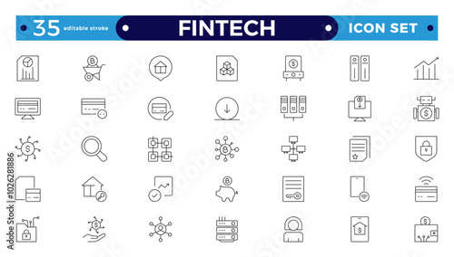 Fintech outline icon set. Containing digital banking, cryptocurrency, mobile payment, regtech, blockchain, robo-advisors, financial services and more. Editable stroke outline icon.
