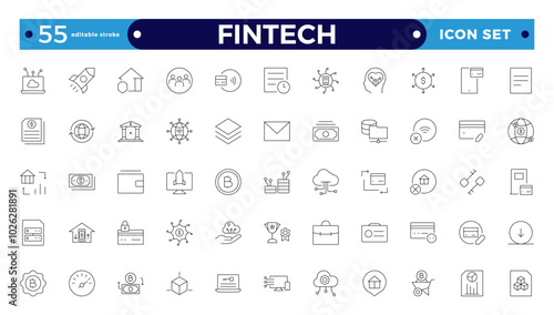 Fintech outline icon set. Containing digital banking, cryptocurrency, mobile payment, regtech, blockchain, robo-advisors, financial services and more. Editable stroke outline icon.
