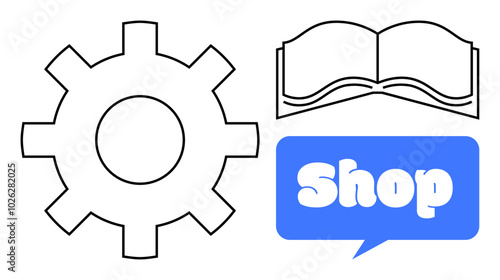 Large gear, open book, and blue speech bubble with the word Shop. Ideal for online store, bookstore, education, technology, and marketing. Simple modern style