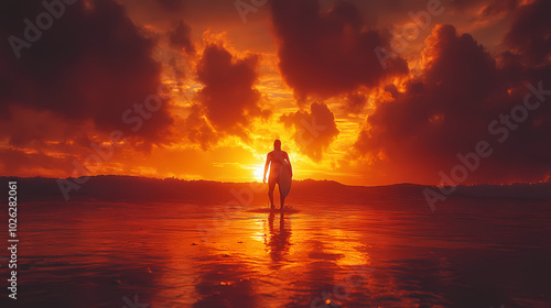 Surfer goes home during a beautiful sunset