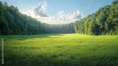 expansive green grass meadow surrounded by tall trees framed against a clean white background portraying a peaceful natural environment ideal for relaxation and harmony