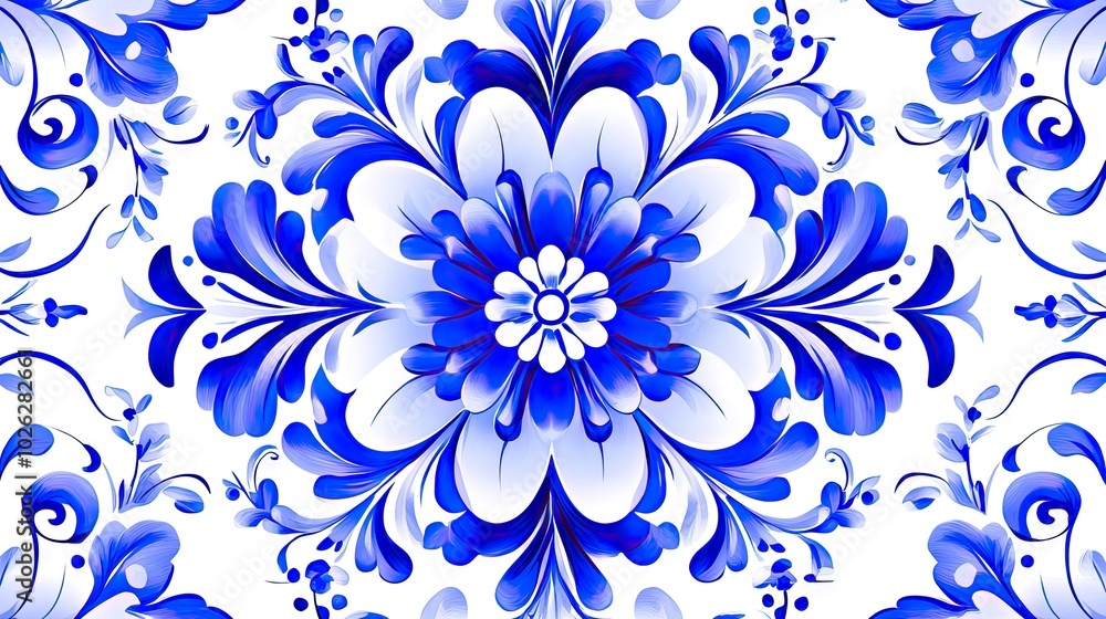 A traditional Portuguese tile pattern in blue and white, featuring intricate details and repeating motifs in a seamless design. A traditional Portuguese tile pattern in blue and white, featuring intricate details and repeating motifs in a seamless design.
