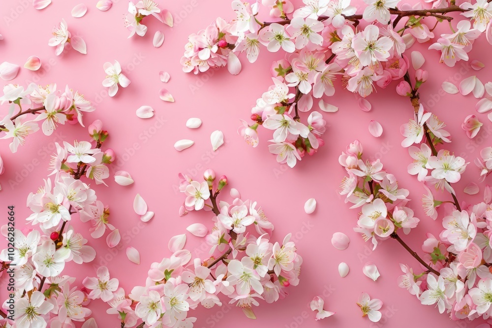 Fototapeta premium Spring floral background, texture, wallpaper. Flat-lay of white almond blossom flowers and petals over pink background, top view, copy space, wide composition. Womens day holiday greeting card