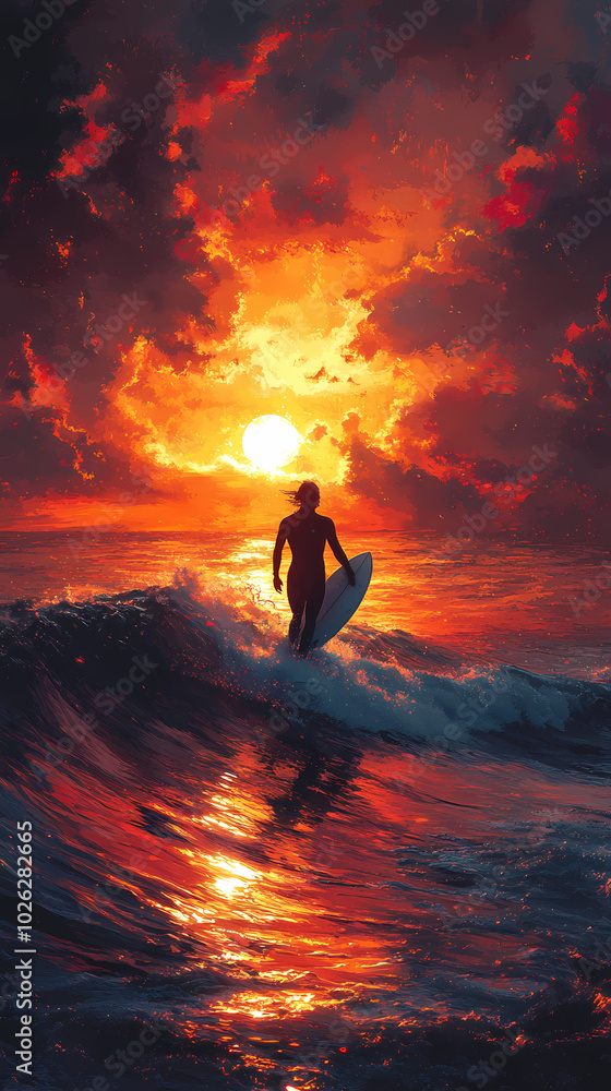 Surfer goes home during a beautiful sunset Surfer goes home during a beautiful sunset