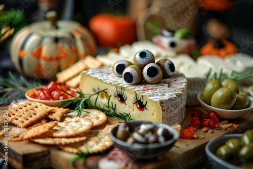 Halloween cheese board with eyeball decorations and seasonal treats photo