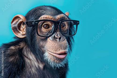 Surprised chimpanzee wear glasses on bright blue background. ai generative