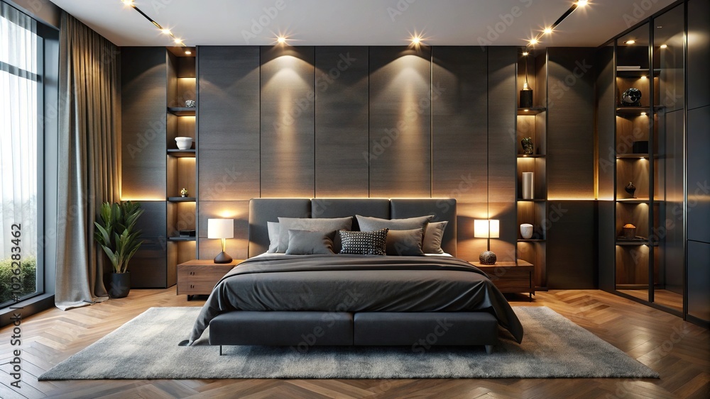 Modern bedroom with dark color scheme and ambient wall lights Modern bedroom with dark color scheme and ambient wall lights