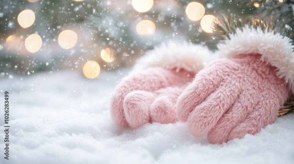 Fototapeta premium Winter warmth with soft pink mittens on snowy surface, accented by twinkling lights and green pine for a magical, cozy scene. Christmas, winter clothes