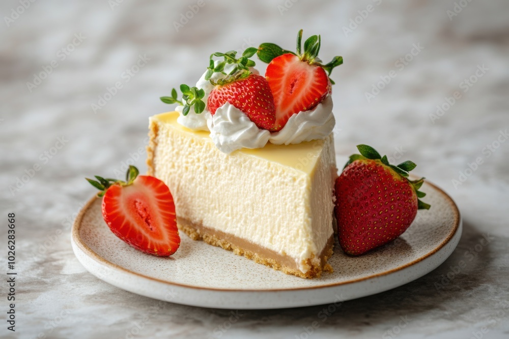A slice of creamy New York-style cheesecake topped with fresh strawberries and whipped cream A slice of creamy New York-style cheesecake topped with fresh strawberries and whipped cream