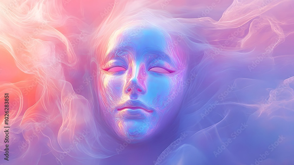 Soft mist encircles the mask gently reflecting the iridescent colors under an ethereal glow Soft mist encircles the mask gently reflecting the iridescent colors under an ethereal glow