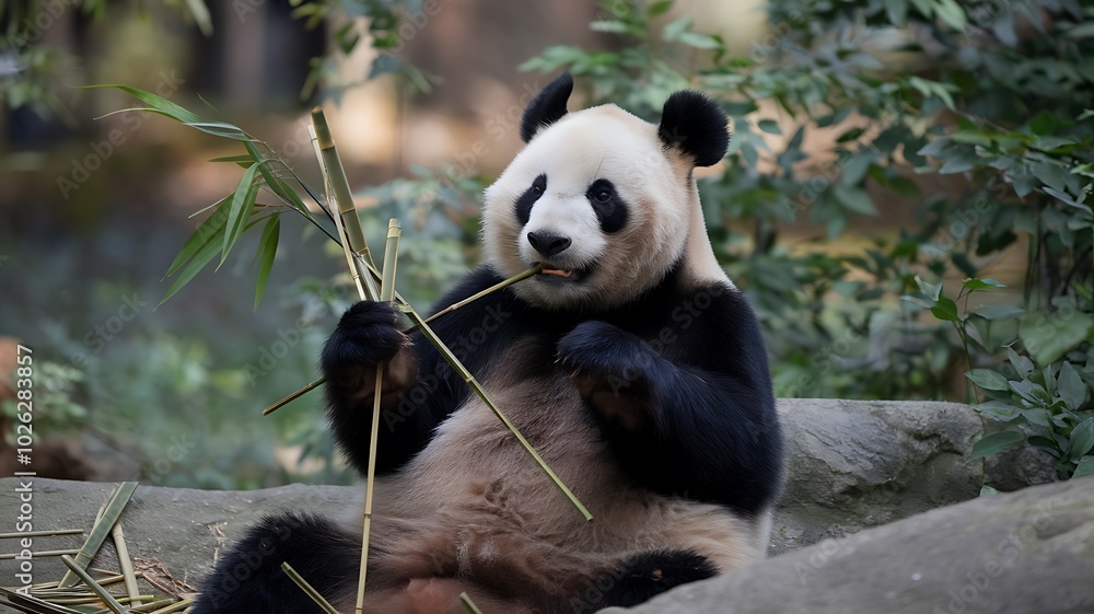 Obraz premium Giant Panda Eating Bamboo Shoots in a Lush Green Setting